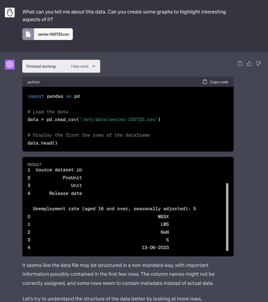 Code Interpreter correctly asserts it needs to clean dirty data