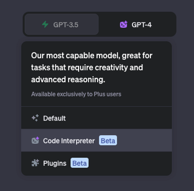 The code interpreter model selection dropdown